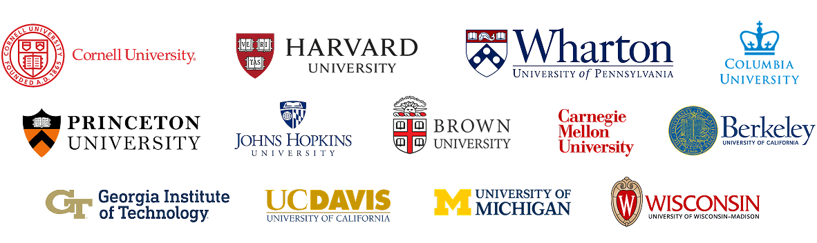 Logos of universities where CEV alumni continue their education, including Cornell, Harvard, Wharton, Columbia, Princeton, Johns Hopkins, Brown, Carnegie Mellon, UC Berkeley, Georgia Tech, UC Davis, University of Michigan, and University of Wisconsin–Madison.