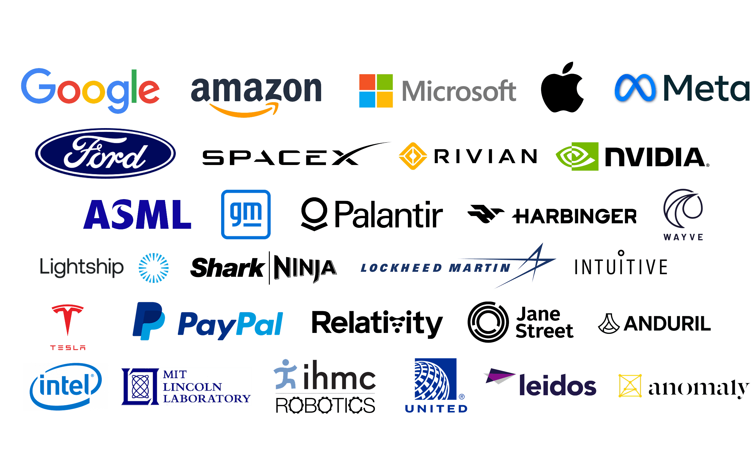 Logos of companies where CEV alumni work, including Google, Amazon, Microsoft, Apple, Meta, Ford, SpaceX, Rivian, NVIDIA, Tesla, ASML, GM, Palantir, Wayve, Lightship, Lockheed Martin, PayPal, Anduril, Intel, MIT Lincoln Laboratory, IHMC, United, Leidos, and The Boring Company.